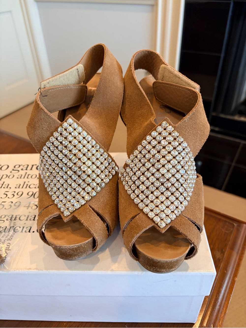 Pedro Garcia Brown Suede Crystal-Embellished Wedge Sandals